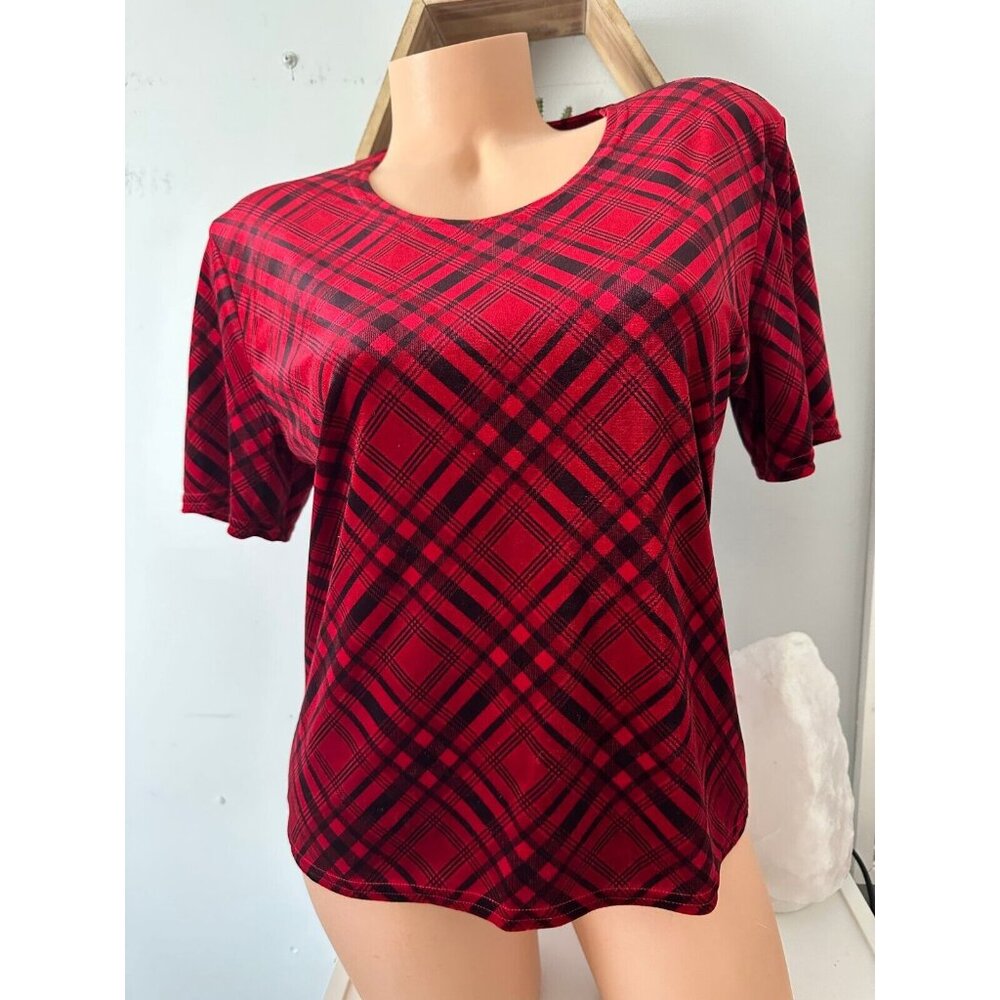 Vintage Y2K Velvet‎ Shirt Womens Medium Kathie Lee Collection Red Plaid NOS